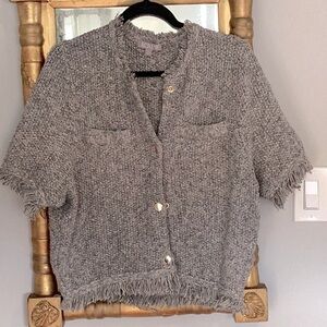 J Crew cropped fringe trim jacket marled gray ivory yarn